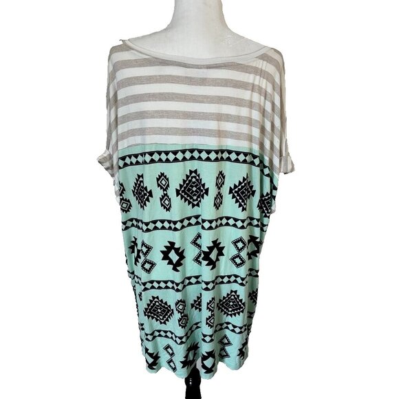 NWT LULAROE LEAH Cuff Sleeve Tunic Top Size 3XL Mint Green Aztec Print Soft - Picture 6 of 7